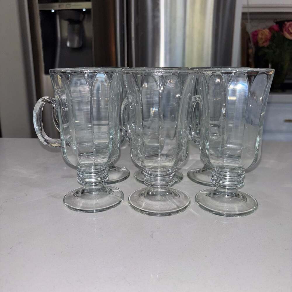Libbey Milan Clear Paneled Footed Irish Coffee Mugs Set of 6